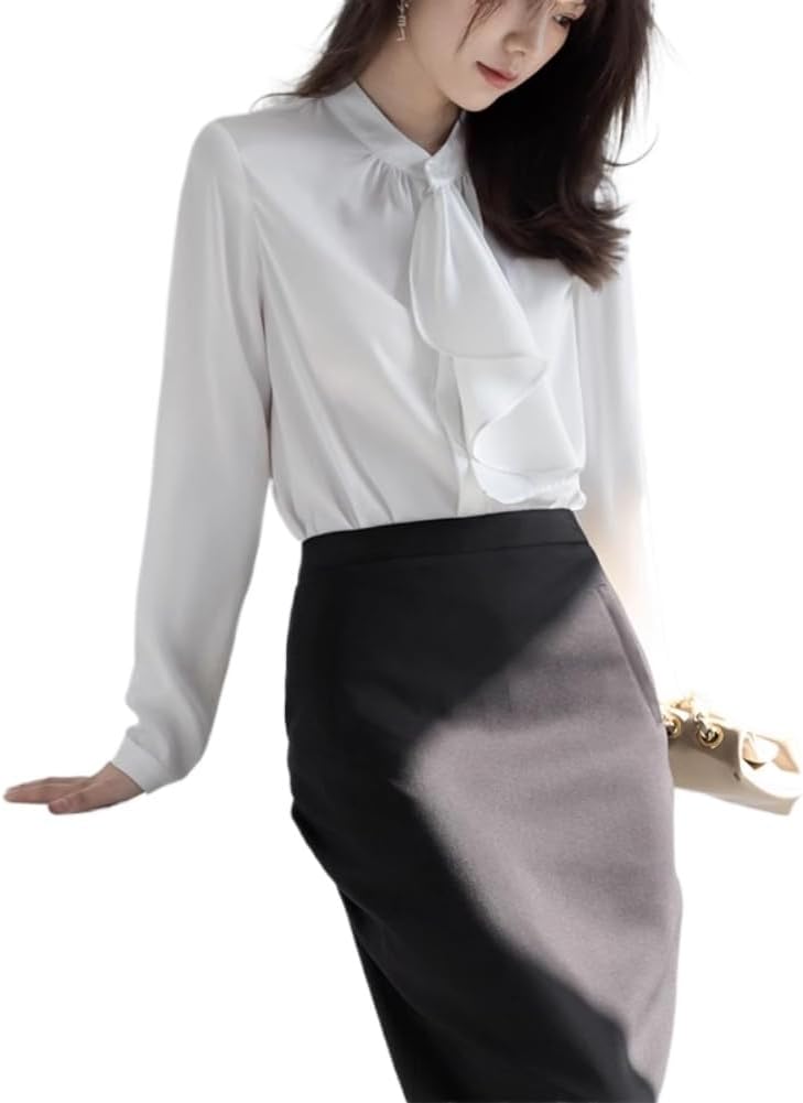 Satin Standup Collar Shirt for Women in Spring and Autumn Workwear top