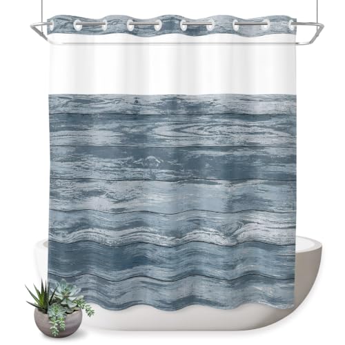 Litter Star No Hook Shower Curtain, Minimalist Country Wood Board Waterproof Shower Curtains See Through Top Window, Blue Striped Hotel Luxury Bathroom Curtain 72x72in
