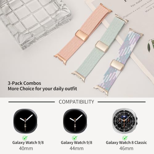 Image of 3 Pack Magnetic Braided Band for Samsung Galaxy Watch 9 8 40mm 44mm, Galaxy Watch8 Classic 46mm, One Click No Gap Elastic Stretchy Nylon Fabric Sport Strap for Women Men (Pink /Violet /Mint)