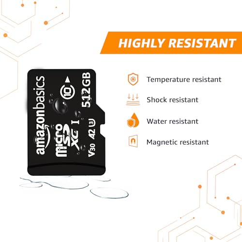 Image of Amazon Basics 512 GB Micro SDXC Memory Card | 180 MB /s Read | Memory Card for 4K Video on Smartphones, Action Cams and Drones