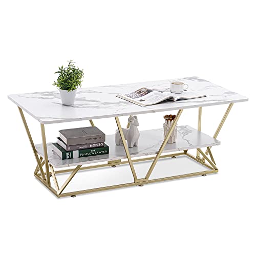 ivinta Mejora tu sala de estar con nuestra moderna mesa de café de mármol blanco, estante de almacenamiento abierto de 2 niveles, marco de metal dorado y diseño geométrico
