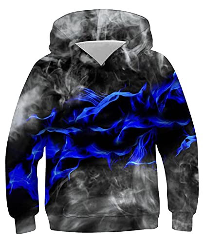 Belovecol Boys Sweatshirt Hoodies Novelty Blue Grey Fire Flame Hoody Pullover Shirts Cool Graphic Smoke 3D Hooded Hoodies For Casual Daily Wear 9-11 Years #TOP4