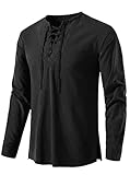 Runcati Mens Renaissance Pirate Shirt Medieval Viking Steampunk Costume Shirts Long Sleeve Lace Up Halloween Scottish Tops Black