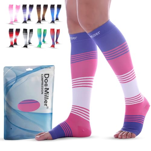 Image of Doc Miller Open Toe Compression Socks for Women & Men - 20-30 mmHg Knee High Compression Socks for Swelling, Varicose Veins, Travel & Nurses - Toeless Wide Calf Support, Leg Pain & Circulation-1 Pair