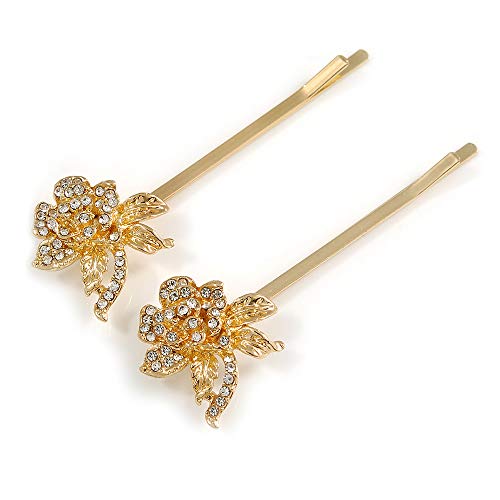 2 horquillas de pelo con rosas de cristal transparente y metal dorado de 65 mm