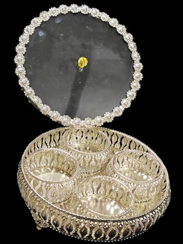 Image of Trend Overseas German Silver Round 4 Bowl Set with Lid & Tray | Crystal Knob Dry Fruit & Sweet Server | Elegant Home Decor, Festive & Wedding Return Gift