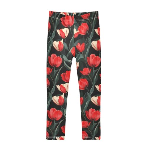 ALAZA Girls' Leggings Children's Yoga Pants Skinny Printed Dance Tulip Black Red Comfortable 4T