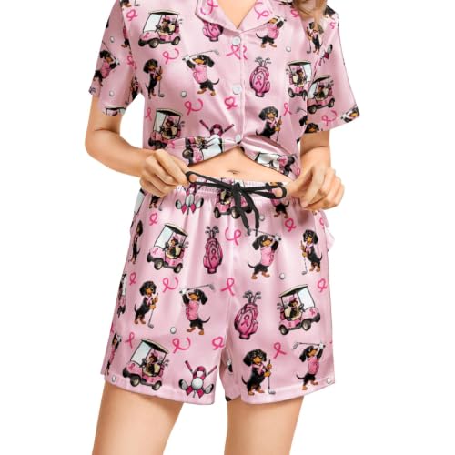 Image of Funny Satin Pajamas Set for Women Button Down Sleepwear Print Pjs Set 2 Piece Short Sleeve Loungewear Gift for Women