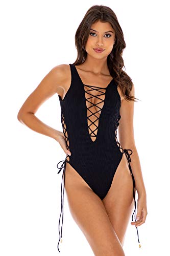 Luli Fama River Dance - Open Side One Piece Bodysuit - M/Black