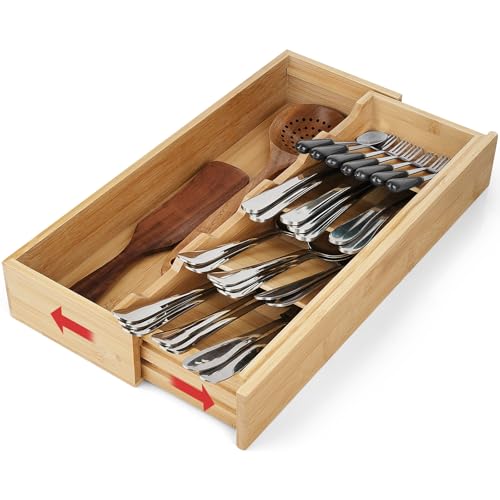 Bamboo Kitchen Drawer Organizer, Expandable Silverware Organizer, Utensil Holder, Cutlery Tray Spoon Flatware Storage with Drawer Dividers