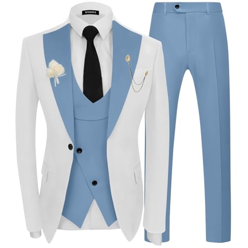 Wangyue White and Light Blue Suits for Men Slim Fit 3 Piece Double Breasted Suit for Wedding Groomsmen Light Blue and White Prom Tuxedo Set S