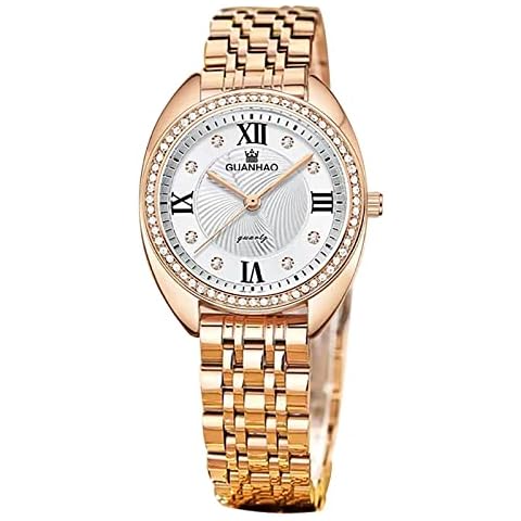 Women's Watch Leather Band, Gold-Tone case with Diamond, Fashion Classical Wrist Watches for Elegant Lady, Quartz Watch Waterproof, Rosegold, Roman numerals Cover