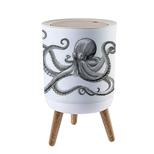 Image of Small Trash Can with Lid Octopus Hand Drawing Vintage Engraving on White backgroud Garbage Bin Wood Waste Bin Press Cover Round Wastebasket for Bathroom Bedroom Office Kitchen