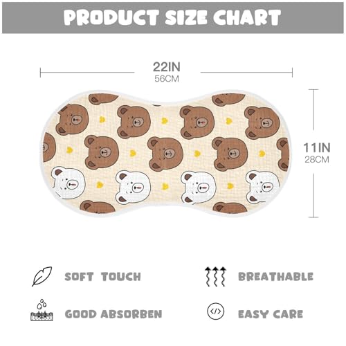 Cartoon Bear Head Muslin Burp Cloths for Baby 4-Layer Absorbent Cotton Large 22" x 11" Soft Spit Up Rags for Newborns Boys Girls, 2 Pack2