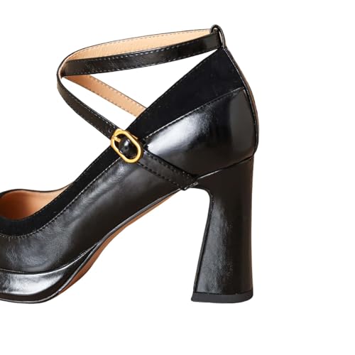 TinaCus Handmade Women's Genuine Leather Ankle Strap Patchwork Square Toe Pumps3