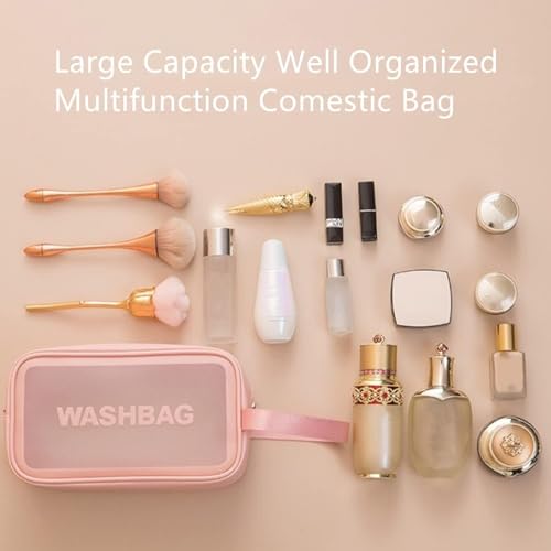 Image of KUKLAR Wash Bag Pouch for Travel Kit Toiletry Bag Cosmetic Bag Make Up Box for Brushes,Accessories with Handle,Large Capacity Translucent Waterproof Travel Storage Mini Size 21X13X7 (Pink)