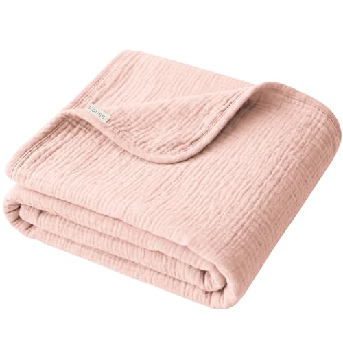 Image of Konssy Muslin Baby Blankets for Girls Boys, 100% Cotton Crib Blanket for Infant Toddler, Super Soft and Lightweight Nursery Swaddling Wrap 40"x36" (Pink)