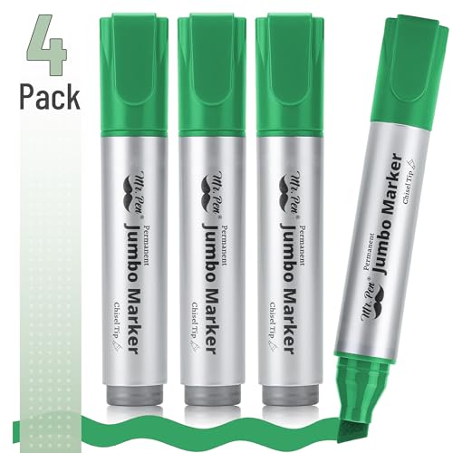Image of Mr. Pen- Jumbo Permanent Markers, 4 Pack, Green, Chisel Tip, Wide Tip | Large, Thick Permanent Markers for Canvas, Posters Board, Fabric, Window, Glass, Wood, Waterproof, Quick Dry