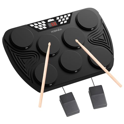 KONIX Electronic Drum Set, Tabletop Electric Drum Kit, 7 Pad Portable Digital Drum Pad Machine with Digital Panel, Built-in Speakers, PC Connection Support, Ideal Gift for Teens and Adult Beginners