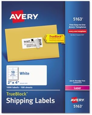 Avery 5163 Laser Labels, Mailing, Permanent, 2-Inch x4-Inch, 1000/BX, White