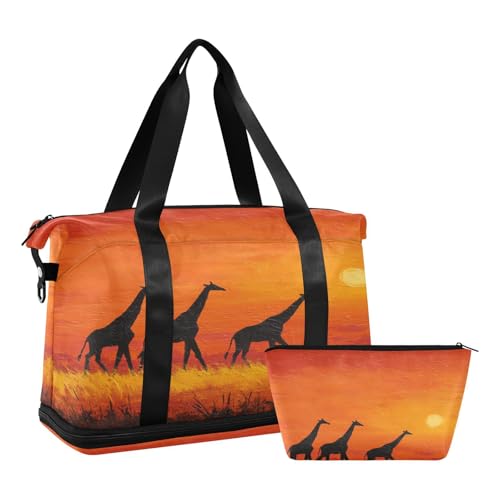 Sunset Orange Giraffe Travel Duffel Bag for Women Men Gym Bag with Shoe Compartment Wet Pocket Carry On Weekender Overnight Bags for Travel Weekend Getaway2