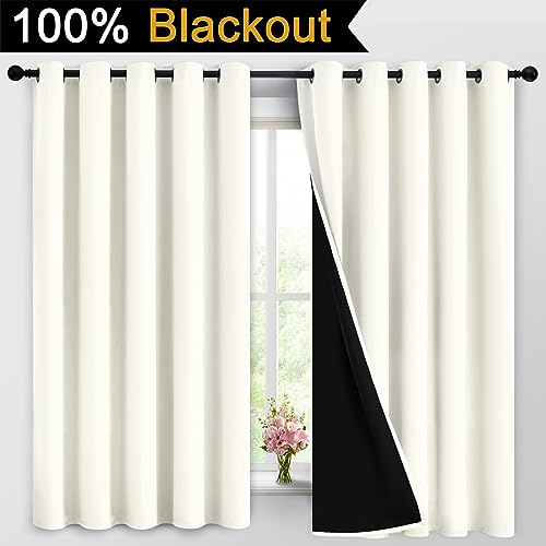 Image of Yakamok Cream 100% Blackout Curtains 63 Inches Long for Bedroom 62 inch Wide | Blackout Curtain Panels for Bedroom, 2 Thick Layers Grommet Top Thermal Insulated Drapes with Black Liner for Living Room