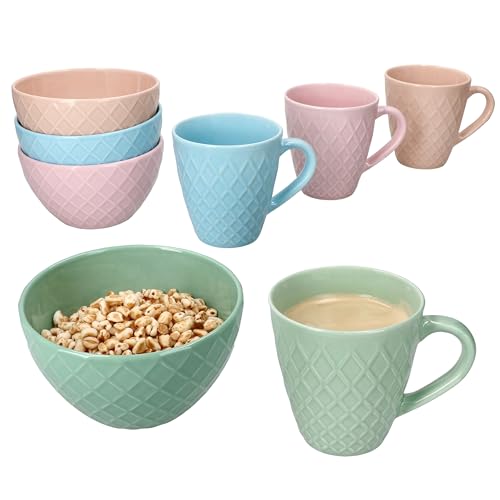 MamboCat Pastelli 8tlg Set Müslischalen 380ml & Kaffeebecher 290ml I Keramik in Rosa, Blau, Mint &...
