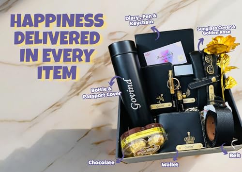Image of Personalized Men's Gift Hamper | Custom Name Set - Diary, Temp Bottle, Wallet, Belt, Passport Cover, Keychain, Pen, Sunglass Cover, Golden Rose, Chocolate & Card