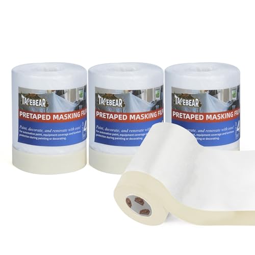 Image of TAPEBEAR Upgrade Pre-Taped Masking Film Extra Thick, High Temp Tape and Drape 22 inch x 90', Plastic Cover for Automotive, Painting, Plastic Sheeting Masking Tape Film for Auto, Floor, Furniture, 4Rolls