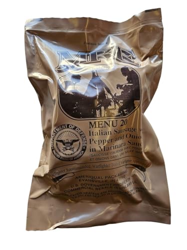 Genuine USGI Individual MRE [Meal, Ready to Eat] Inspection Date 01/2024 or Newer - You Choose Menu - Complete Ration with Entree, Snacks, Dessert, Drink Mix, Utensils, Condiments and FRH. (#20 Italian Sausage)