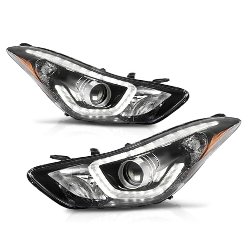 PIT66 DRL LED Projector Headlight Assembly Compatible with Hyundai Elantra 2014 2015 2016 Clear Lens Black Housing Amber Reflector Pair Headlamps