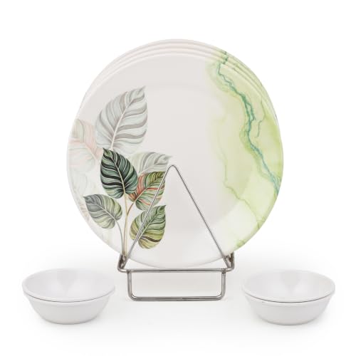 Image of GOLDEN FISH Melamine Round Dinner Plate & Bowl Set of 8 (4 Plates + 4 Veg Bowls) | Teal Floral Print | Unbreakable, Dishwasher & Microwave Safe