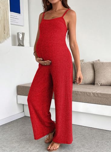 BLENCOT Womens Maternity Jumpsuit Casual Loose Ribbed Adjustable Strap Sleeveless Wide Leg Long Pants Red Romper X-Large — view 2