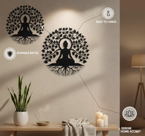Image of Herrlich Homes Tree of Life Buddha Metal Wall Art |Meditation Yoga Altar Buda Indoor Zen Home Decor |Outdoor Garden Patio Hanging | 60CM X 60CM | L | Black