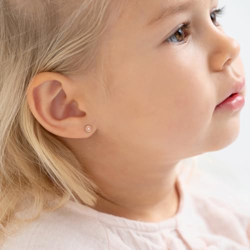 14k Yellow Gold Pink Enamel Round Screw Back Earrings With Clear Cubic Zirconia For Baby Girls and Toddlers - Children's Tiny Pink Earrings For Birthdays - Clear CZ Earrings for Kids3