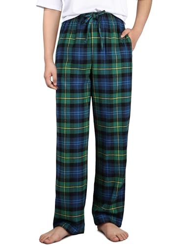 IHU Cotton Boys Pajama Pants Soft Flannel Woven Kids PJ Lounge Bottoms Buffalo Plaid Sleepwear with Drawstring and Pockets Green Plaid 10-12 Years