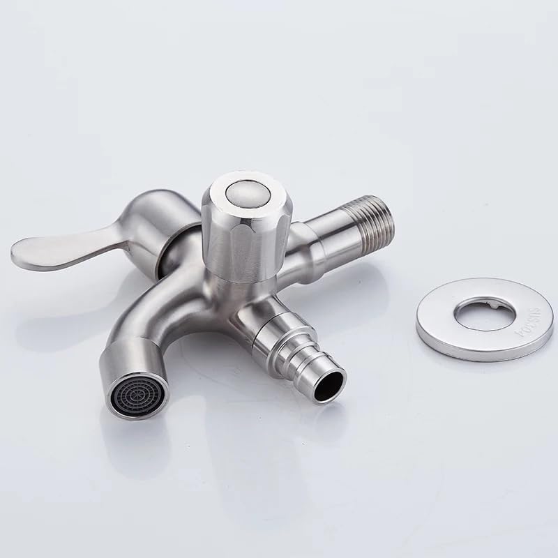 Chrome Brass 304 Stainless Steel Garden Faucet: Double-Use Bib-Cock For Washing Machine & Toilet Outdoor Tap(C)