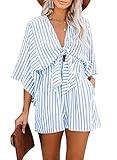 utcoco Womens Casual Shorts Rompers Half Sleeve Tie Waist Striped Jumpsuits for Women (X-Large, Light Blue)