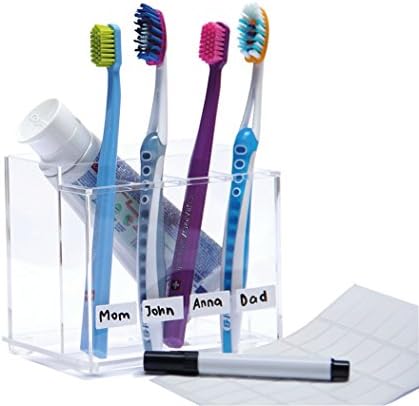 Toothbrush Holder with Name Labels and Permanent Marker to Avoid Mixups. Perfect Organizer for Kids Bathroom. Clear Acrylic Makes Stylish Design. Removable Base for Easy Cleaning.