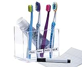 Toothbrush Holder with Name Labels and Permanent Marker to Avoid Mixups. Perfect Organizer for Kids Bathroom. Clear Acrylic Makes Stylish Design. Removable Base for Easy Cleaning.
