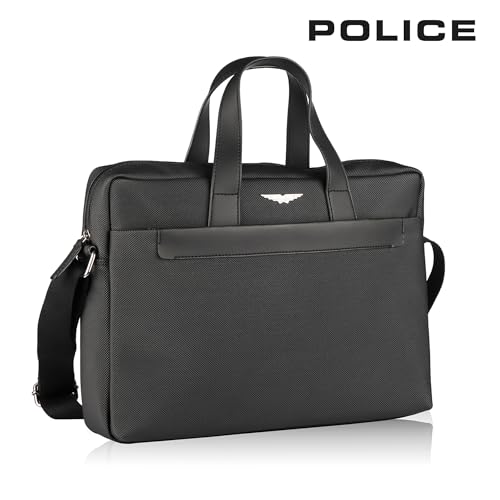 Image of Police Laptop Messenger Bag For Men and Women | 14 Inch Briefcase Leather Office Bag For Men With Splashproof And Padded Protection | Multipocket with Adjustable Shoulder Strap - Black