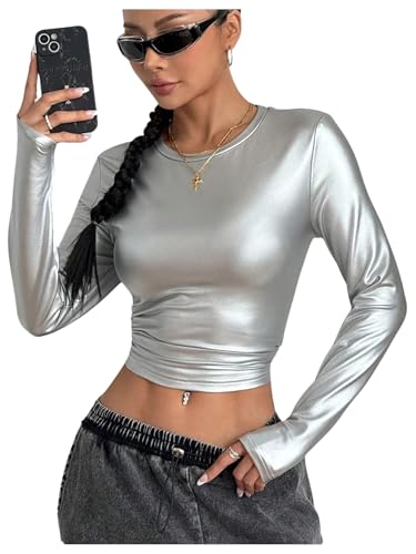 OYOANGLE Women's Metallic Long Sleeve T Shirt Crew Neck Fitted Tee Tops Y2K Going Out Tops Silver Large