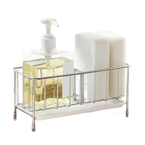 Soporte de esponjas – Organizador versátil debajo del fregadero, soporte de esponja portátil | Elegante almacenamiento para fregadero con bandeja de goteo extraíble, soporte de almacenamiento para