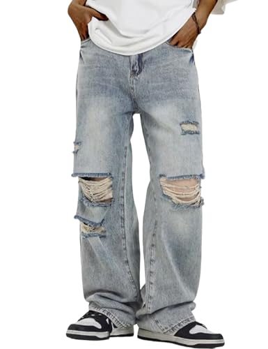 Men's Baggy Ripped Jeans Y2k Wide Leg Grunge Skater Pants Vintage Loose Fit Distressed Jeans for Men Blue