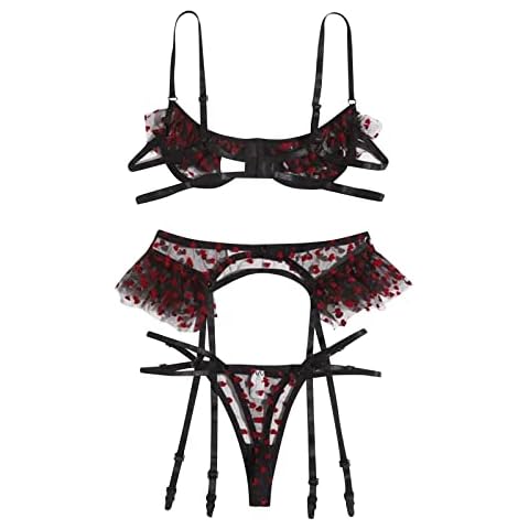 FABIURT Lingerie for Women Set,Plus Size Lingerie,Sexy Sheer Floral Lace Pajamas Lingerie Set High Waist Sleepwear Bra and Panty 2 Piece Nightwear Black Cover