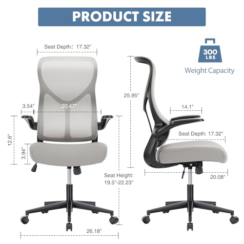 Image of DUMOS Office Managerial Executive Chair with Ergonomic Design, High Back Mesh Computer Desk Task Chair with Flip-up Armrests, Swivel Adjustable Height with Wheels, Comfy Lumbar Support, Gery