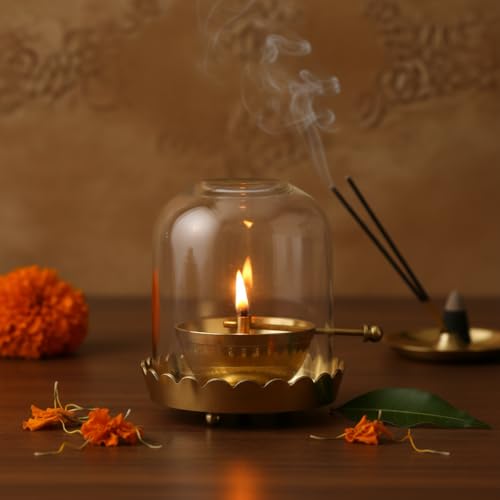 Sacch Akhand Brass Oil Diya with Glass Cover | Adjustable Wick La...