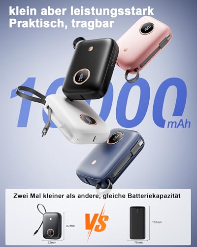 PowerBank Klein Aber Stark mit USB-C Kabel, Mini Power bank 10000mAh 22.5W Schnellladefunktion, Externe Handyakkus USB C Input&Output Akkupack für iPhone 16/15 Serie, Samsung, Google, Android und mehr