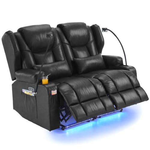 Image of Redlife Power Loveseat Recliner Sofa, PU Leather Dual Reclining Couch with Vibration & Heating, Blue LED Base Light, USB Ports, Phone Holders & Cup Holders, Home Theater & RV Reclining (Black)