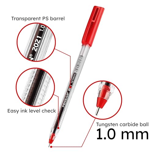 Image of PENSAN Red Ballpoint Pens,1.0 mm Medium Point, Red Pens, Ergonomic Triangle Grip, 50-Count Pack of Bulk Pens